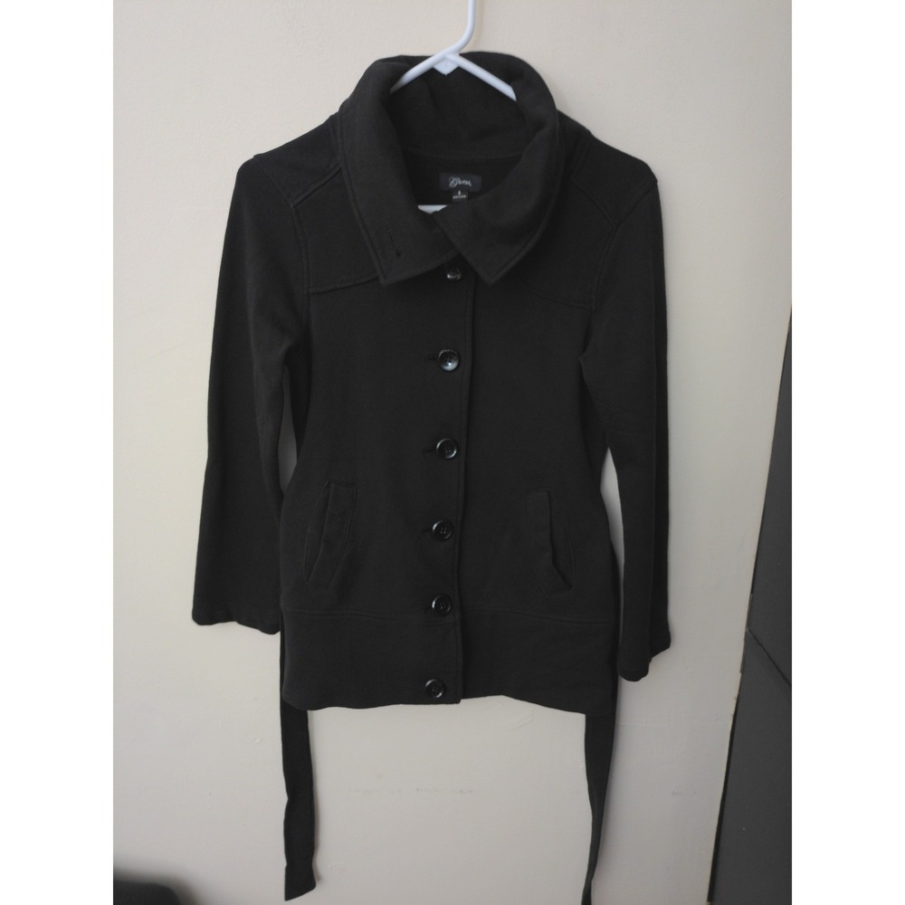 Guess Fleece Jacket Women Small Black Excellent Belted Funnel Neck Button Front